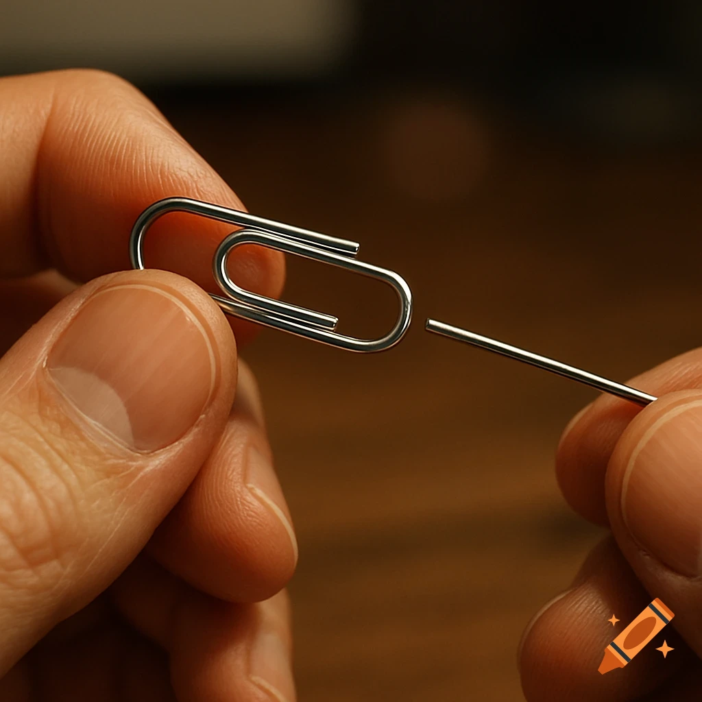 Close-up of hands straightening one end of a silver paperclip against a blurred wooden background.