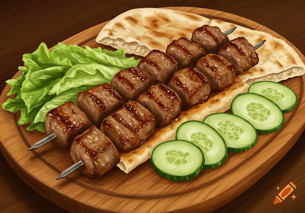 An illustrated plate of lamb kebab skewers with fresh lettuce, cucumber slices, and pita bread on a wooden board.