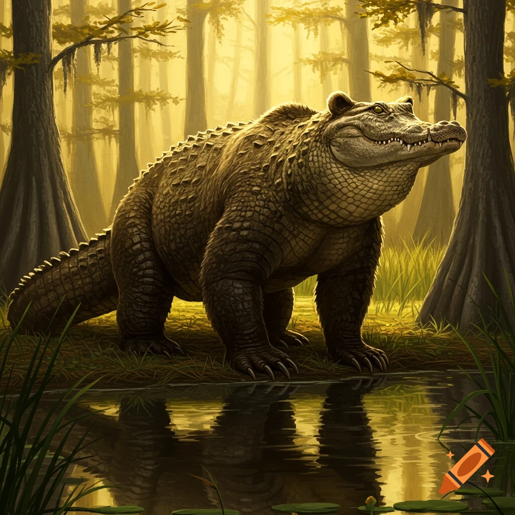 A powerful alligator-bear hybrid creature stands on grassy ground beside a reflective pond in a sunlit swamp forest.