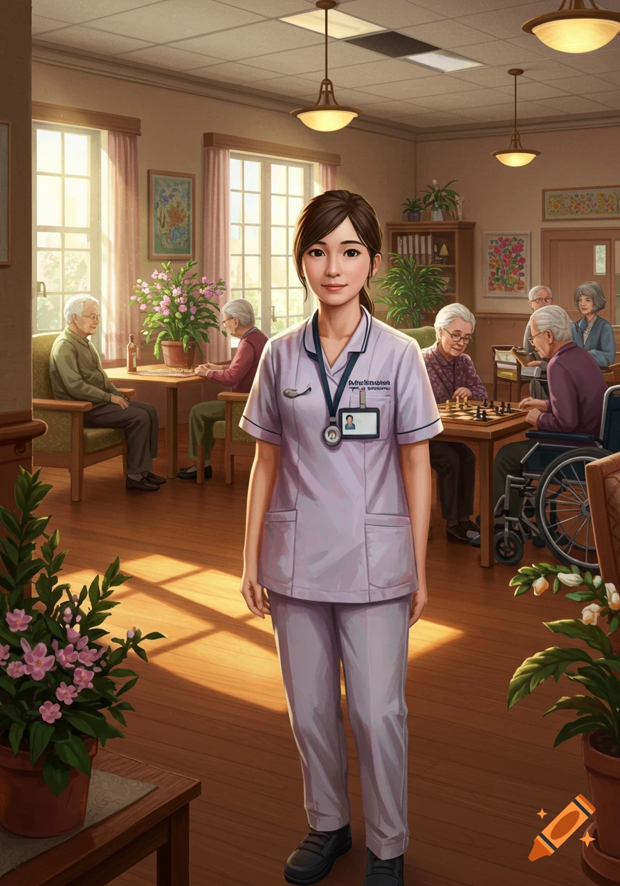 A young female healthcare worker in a lilac uniform stands smiling in a sunlit nursing home with elderly residents in the background.