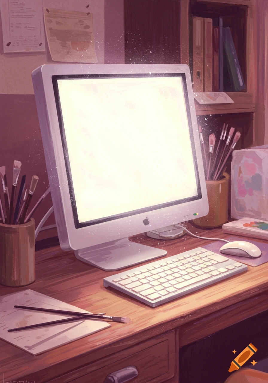 An impressionistic painting of a desktop computer with a glowing screen, keyboard, mouse, and art supplies on a wooden desk.