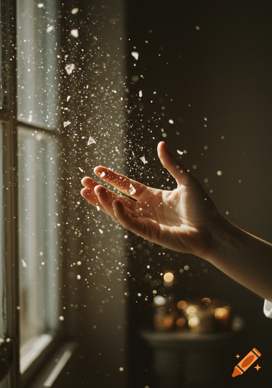 Close-up of a hand catching glowing particles of light streaming through a window, with soft bokeh in a melancholic 35mm film style.