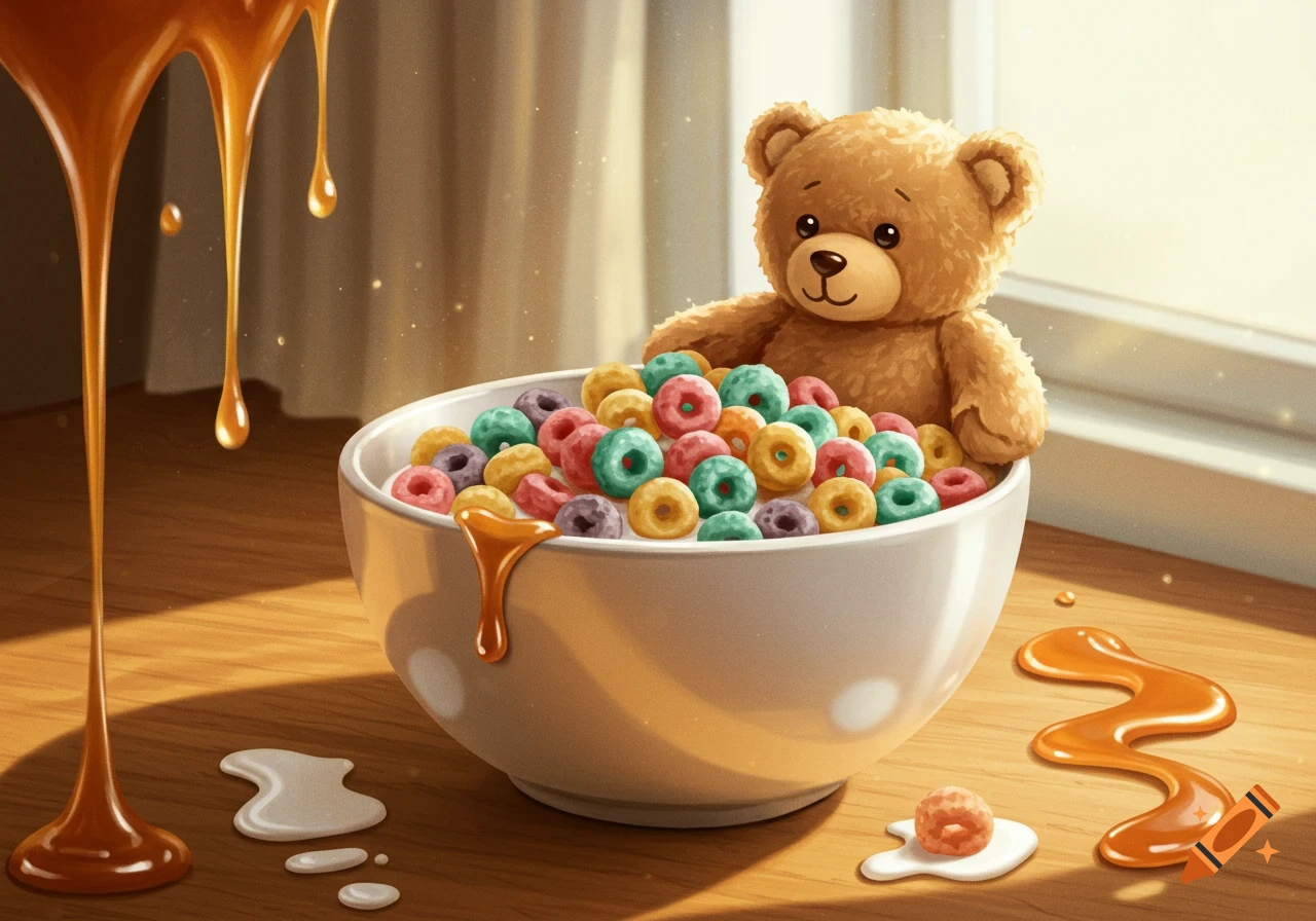 A cute teddy bear sits in a bowl of colorful loop cereal with milk, as golden caramel drips onto the wooden table.