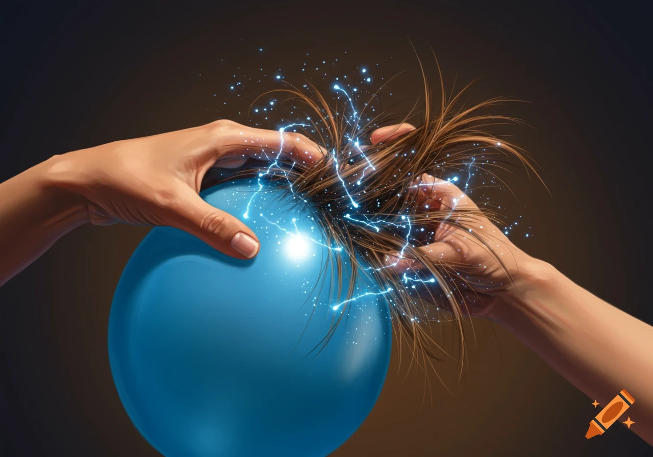 A close-up, photorealistic image of hands demonstrating static electricity. Blue-white sparks fly from a blue balloon rubbed against brown hair.
