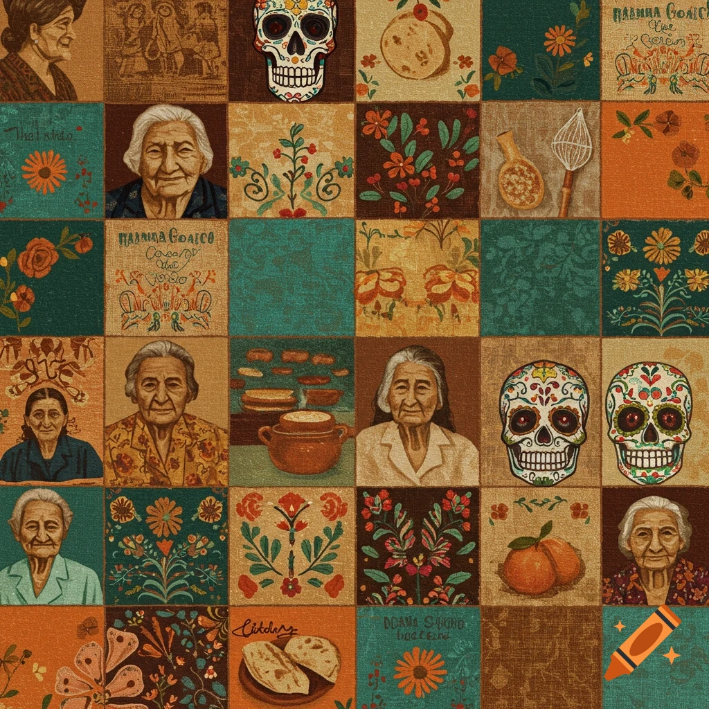 A quilt-like pattern featuring squares with elderly women's portraits, decorated sugar skulls, flowers, fruit, and food items, in a folk art style.