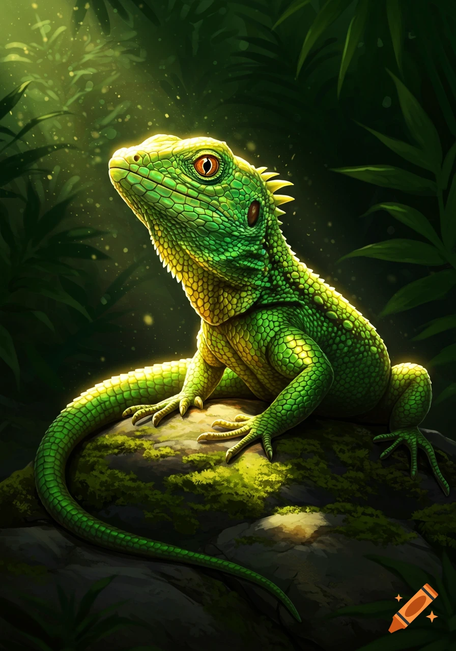 Vibrant green lizard with glowing scales looking up in a sun-dappled jungle, digital art.
