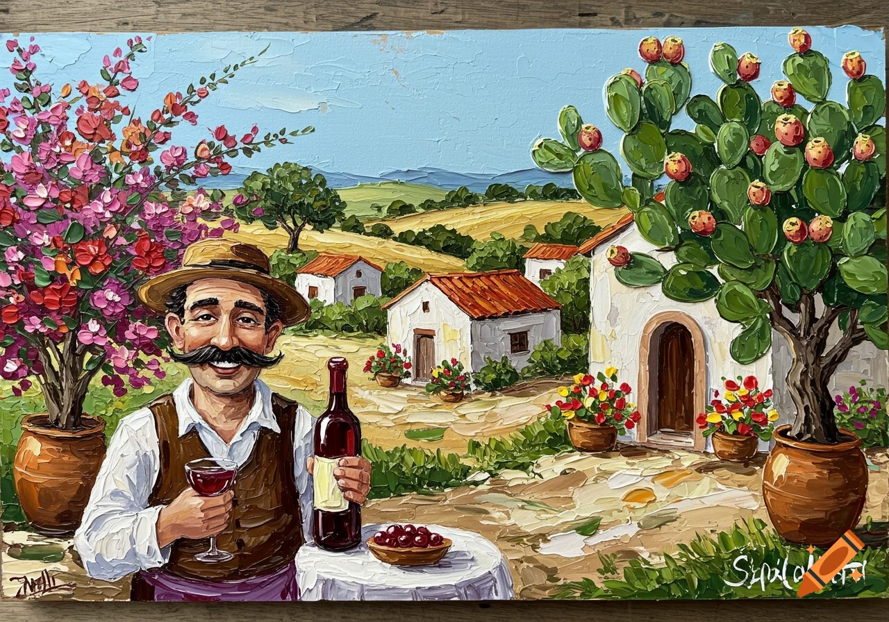 A vibrant impasto painting of a smiling man with a mustache holding wine in a rustic Sicilian landscape with white houses, hills, bougainvillea, and a prickly pear cactus.
