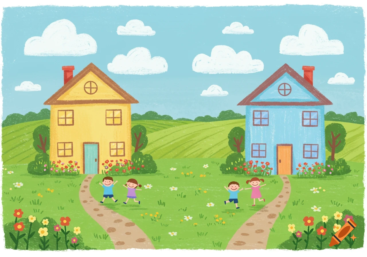A crayon-style drawing of a yellow house and a blue house with two children playing in front of each, set in a green field under a blue sky.