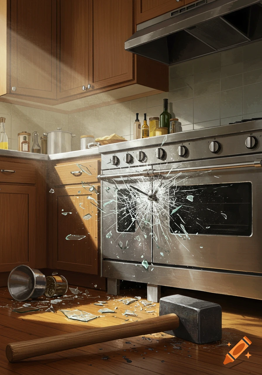 Stylized illustration of a kitchen with a shattered oven door and a sledgehammer on the wooden floor.
