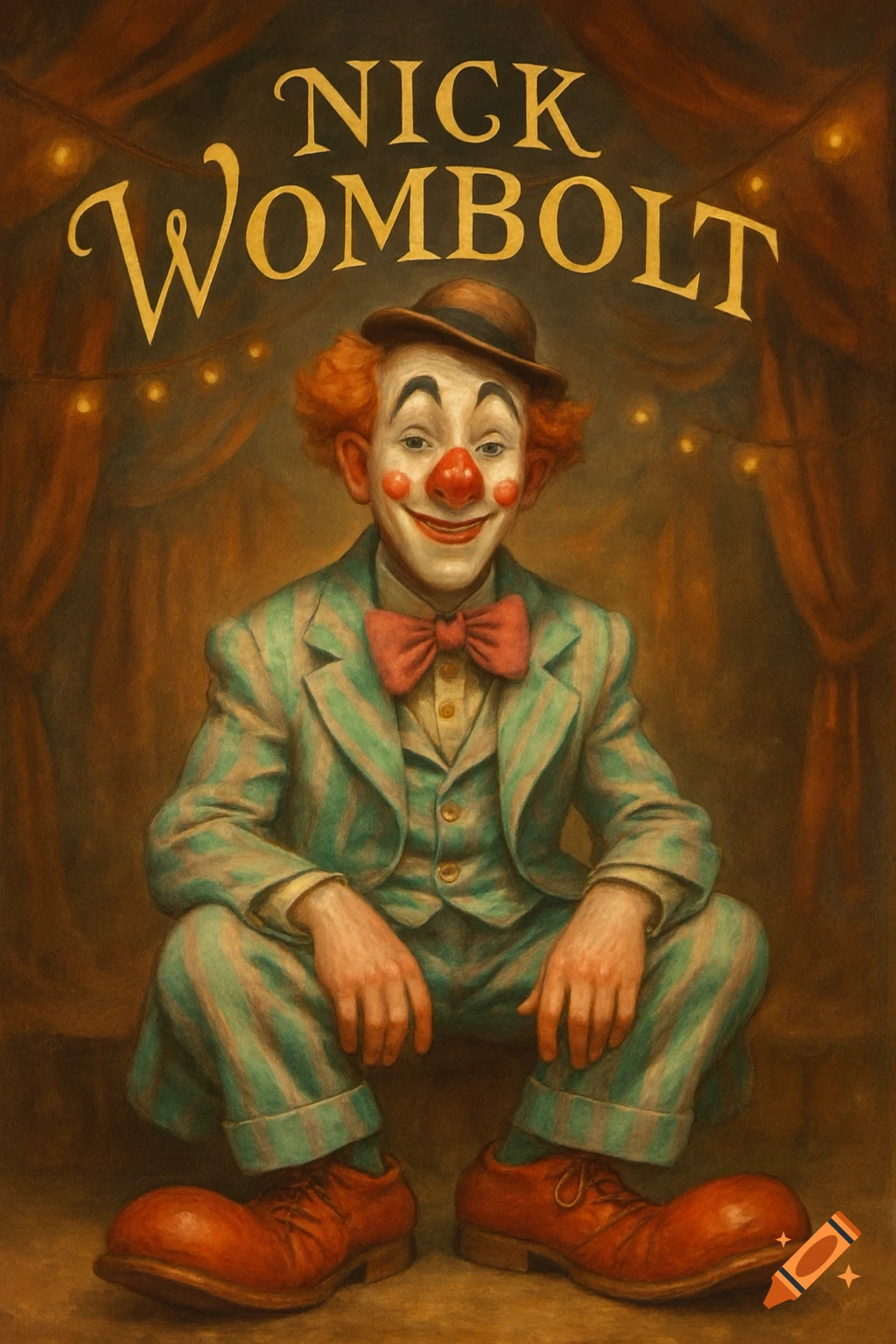 A smiling 1920s-style clown in a striped suit and hat, with the name Nick Wombolt above, painted illustration.