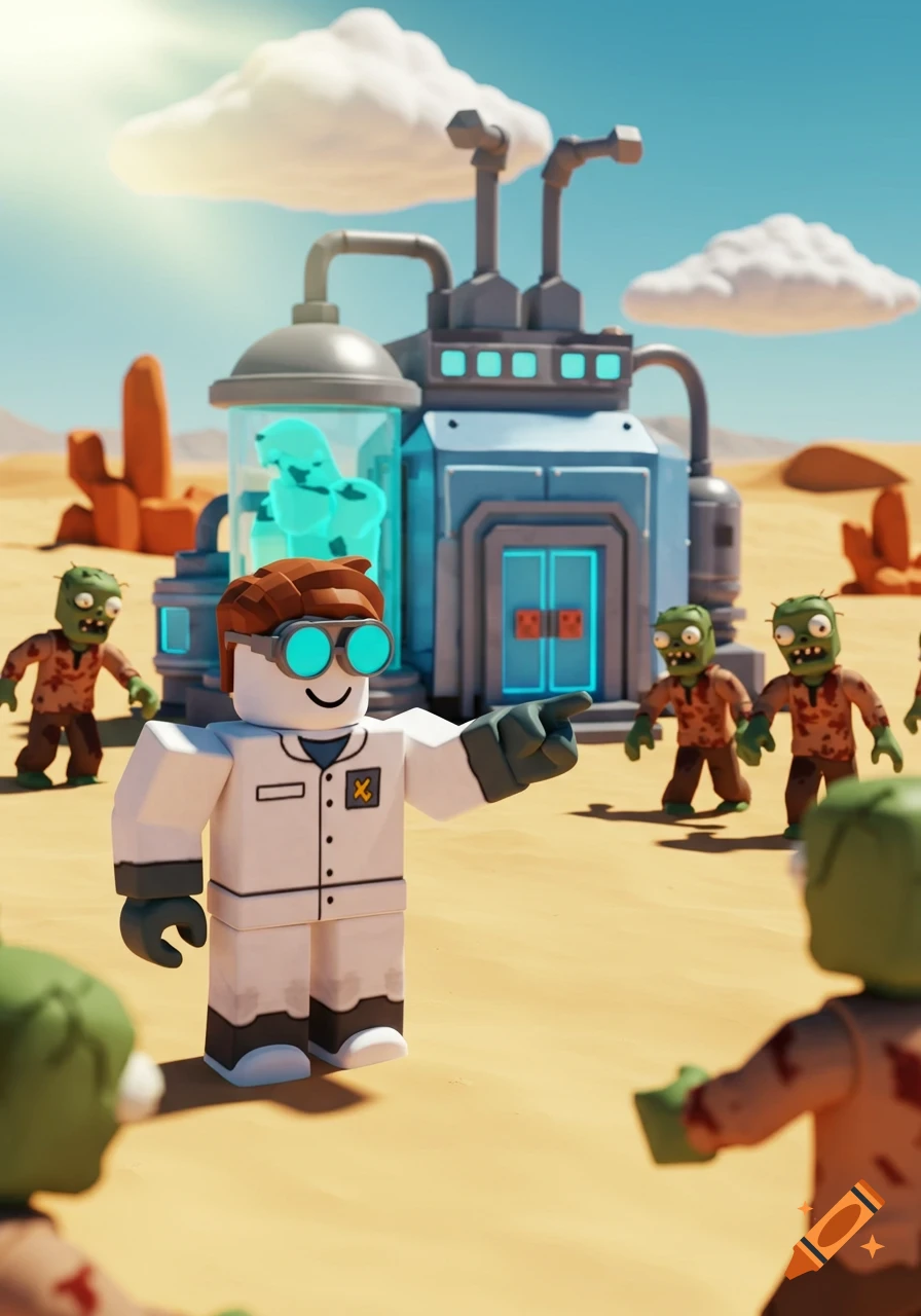 A Roblox-style character in a lab coat and goggles points in a desert with a factory and several zombies.