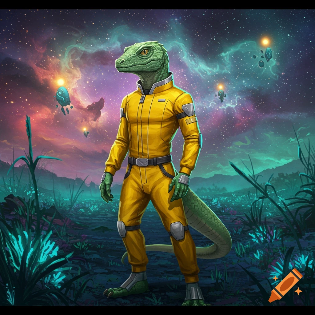 A reptilian alien in a yellow jumpsuit stands on a vibrant alien planet under a starry, nebulae-filled sky.