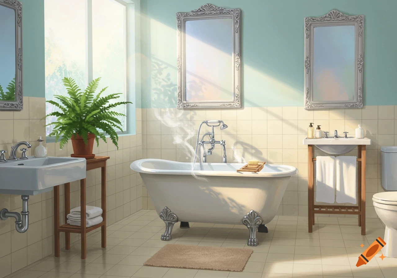 A bright, sunlit bathroom with a clawfoot tub, two sinks, decorative mirrors, and a large fern.