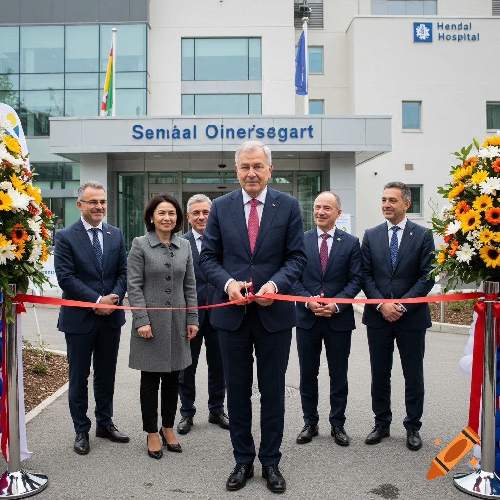 A group of politicians, including men in suits and a woman in a grey coat, participate in a ribbon-cutting ceremony in front of a modern hospital building. Large floral arrangements flank the scene.