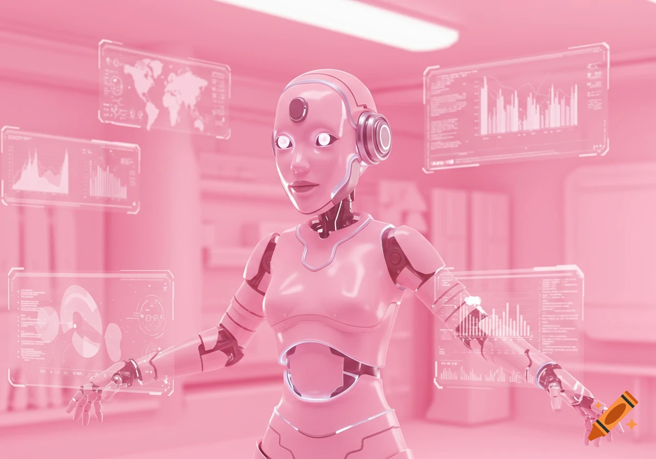 A pink robot with glowing eyes surrounded by holographic data screens ...