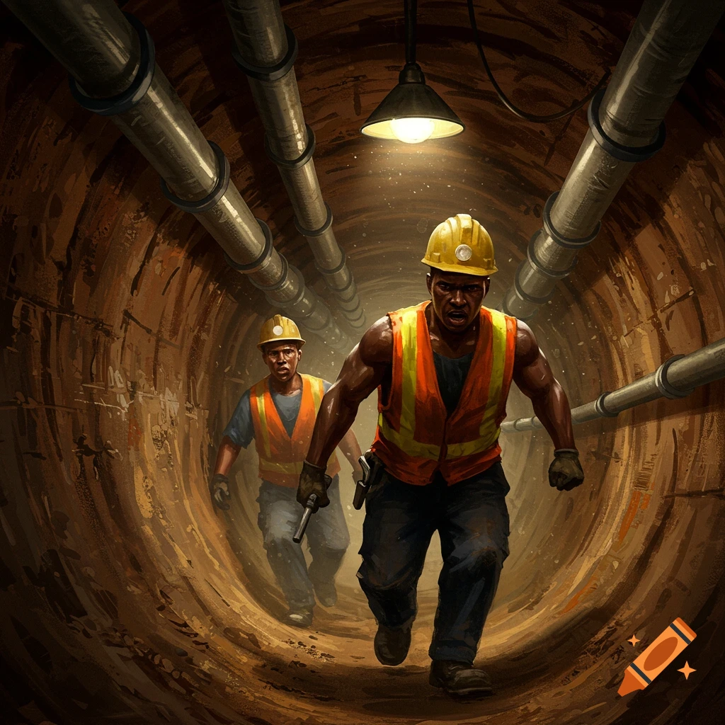 Two construction workers in yellow hard hats and orange vests run through a dark, pipe-filled tunnel.
