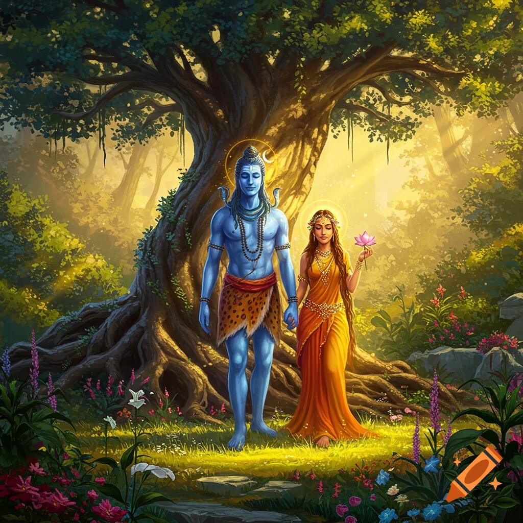 Blue-skinned man and golden-robed woman, resembling Shiva and Shakti, hold hands in a lush, ethereal forest with a large ancient tree.