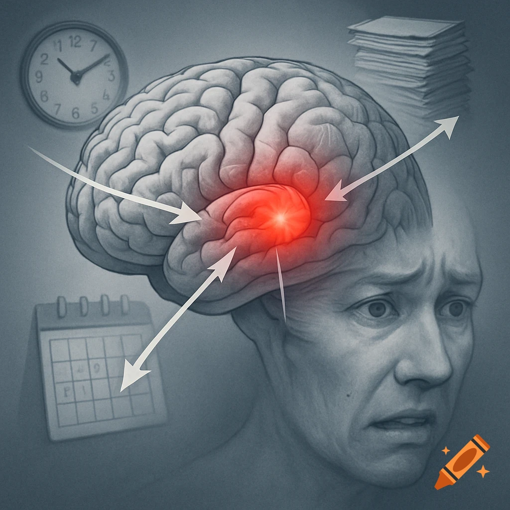 Illustration of a stressed person with a brain showing a glowing amygdala, with arrows from a clock, papers, and calendar.