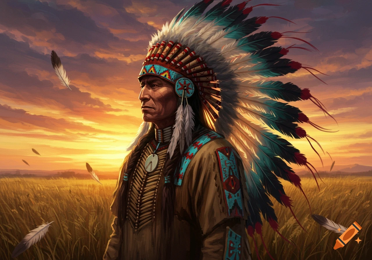 A Native American chief in a detailed feathered headdress and traditional attire, standing in a field at sunset.
