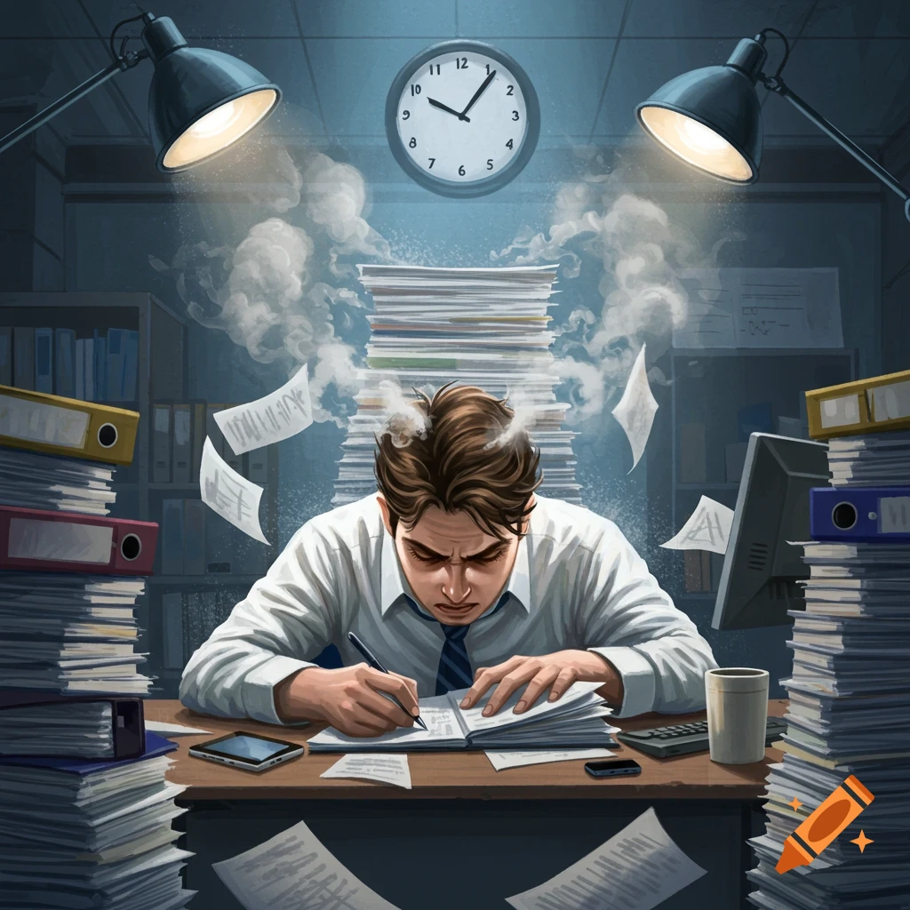 An overwhelmed man in a white shirt and tie writes at a desk, surrounded by huge stacks of paper and flying documents. Smoke rises from his head under two bright lamps. A clock hangs on the wall. Stylized illustration.