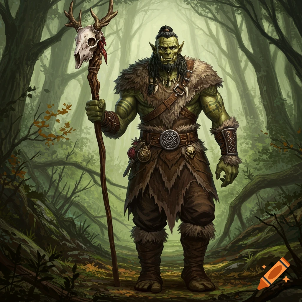 A green-skinned orc druid in fur and animal hides holds a skull-topped staff in a lush forest.