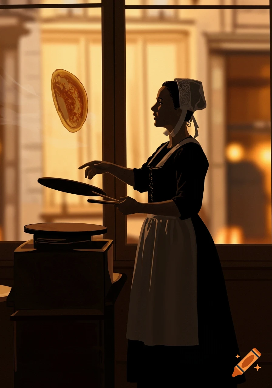 A woman in traditional attire, silhouetted against a window, flips a pancake from a pan in an illustrative style.