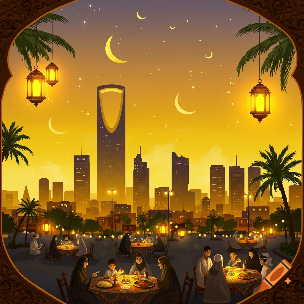 An illustration of people dining outdoors at sunset in front of the Riyadh city skyline, with lanterns, palm trees, and crescent moons in a vibrant yellow sky.
