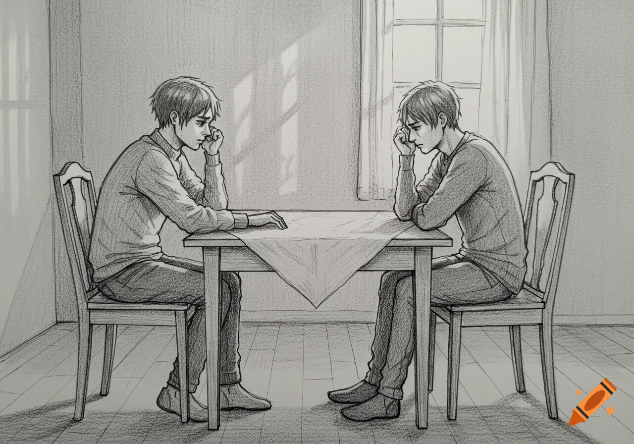 Pencil drawing of two young men with dark hair sitting at a table, looking sad, in a room with a window.