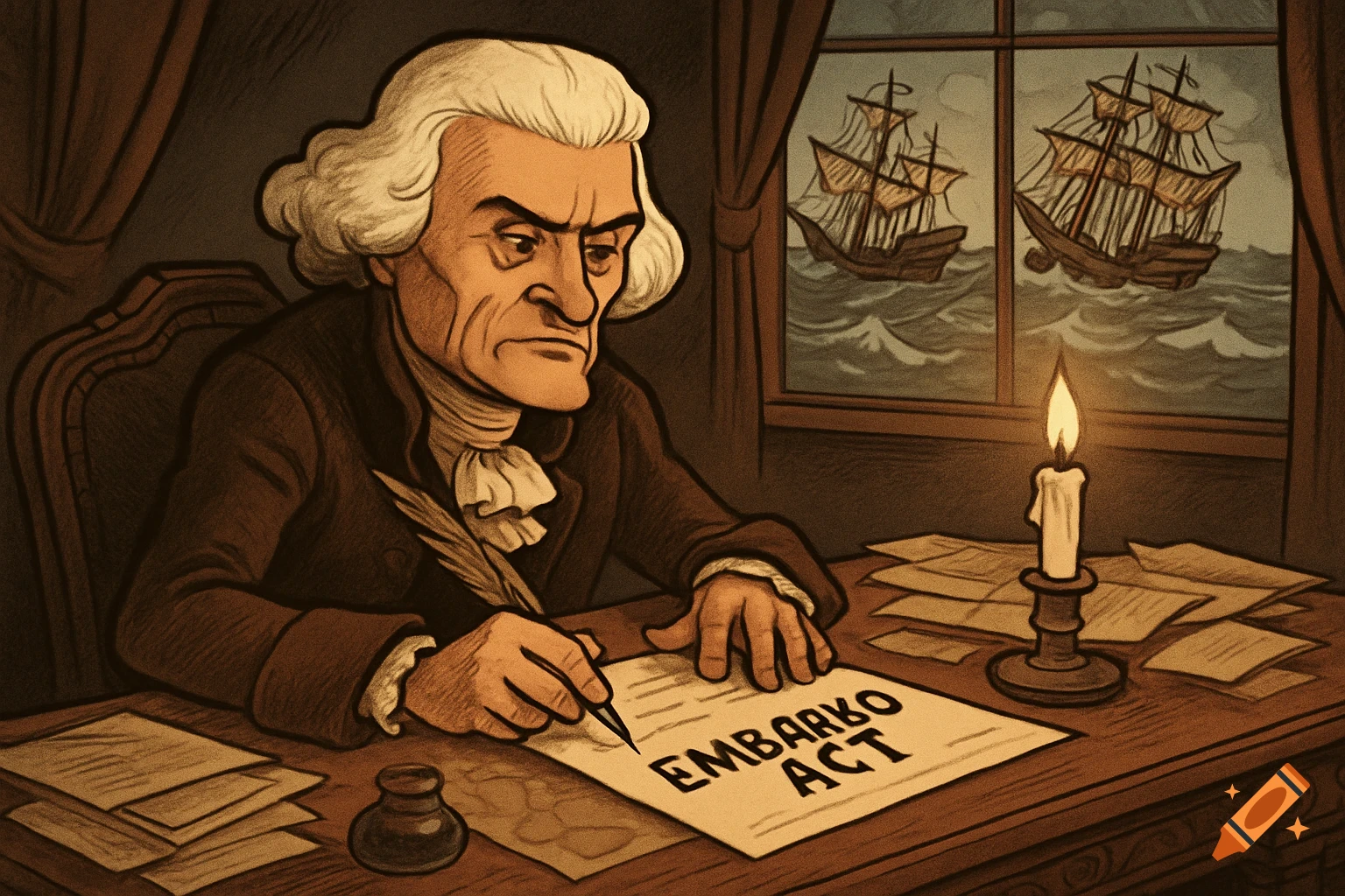 A political cartoon of a serious man in period clothing writing "EMBARGO ACT" by candlelight at a desk, with ships on stormy seas outside a window.