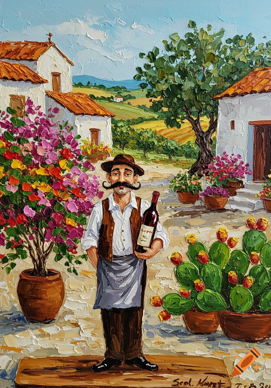 An impasto painting of a moustached Sicilian man in an apron holding a wine bottle, standing in a colorful village scene with white houses, bougainvillea, and cacti.