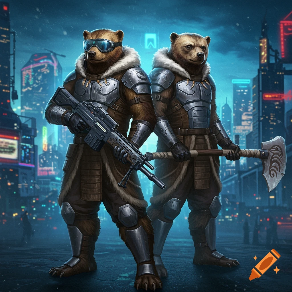 Two armored anthropomorphic bears (wolverines) with futuristic weapons stand in a neon-lit cyberpunk city at night.