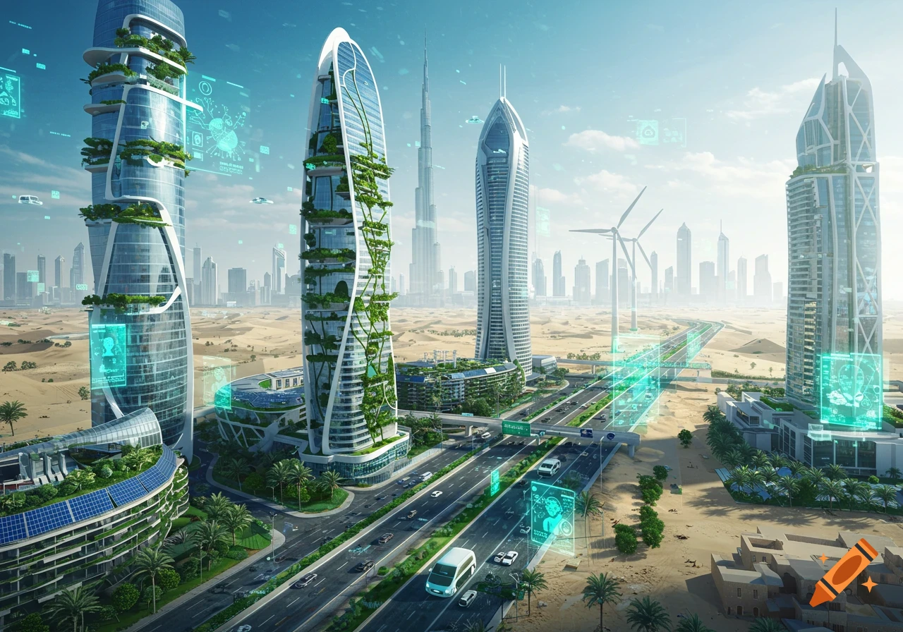 Futuristic desert city with eco-friendly skyscrapers, vertical gardens, solar panels, wind turbines, and highways.