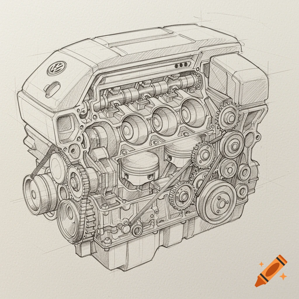 Detailed pencil sketch of a Volkswagen engine, showing internal ...