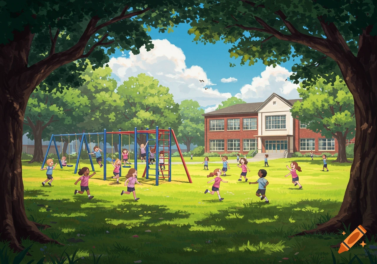 Cartoon illustration of happy children playing on a school playground with swings, a slide, and a school building in the background.