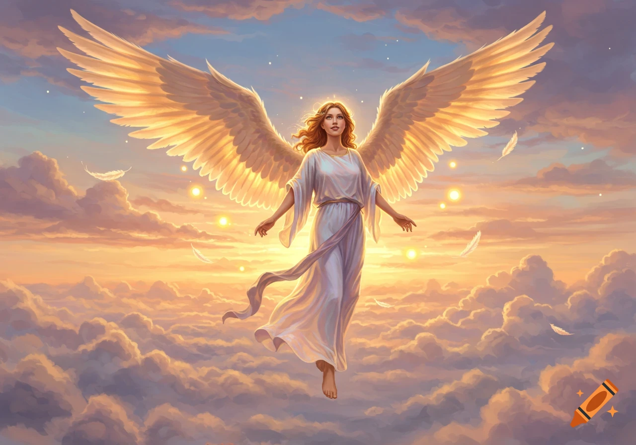 An angelic woman with golden wings and a white gown floats gracefully in a sunset sky surrounded by clouds.