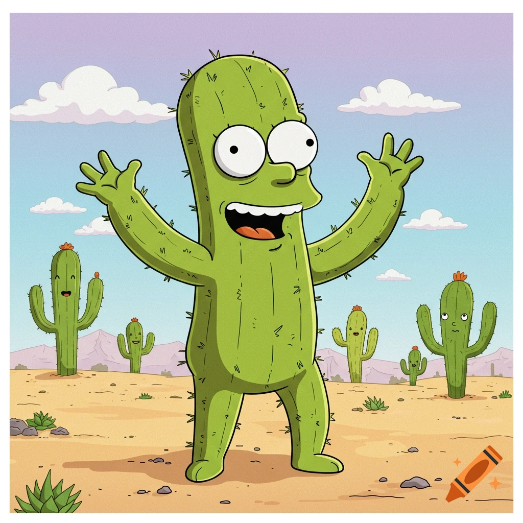 A cartoon cactus character with wide eyes and a big smile stands in a desert, in the style of The Simpsons.