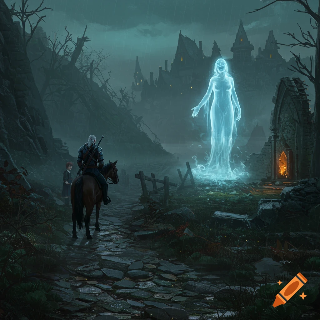 A lone Witcher on horseback encounters a glowing blue ghost in a dark, rainy, ruined village.