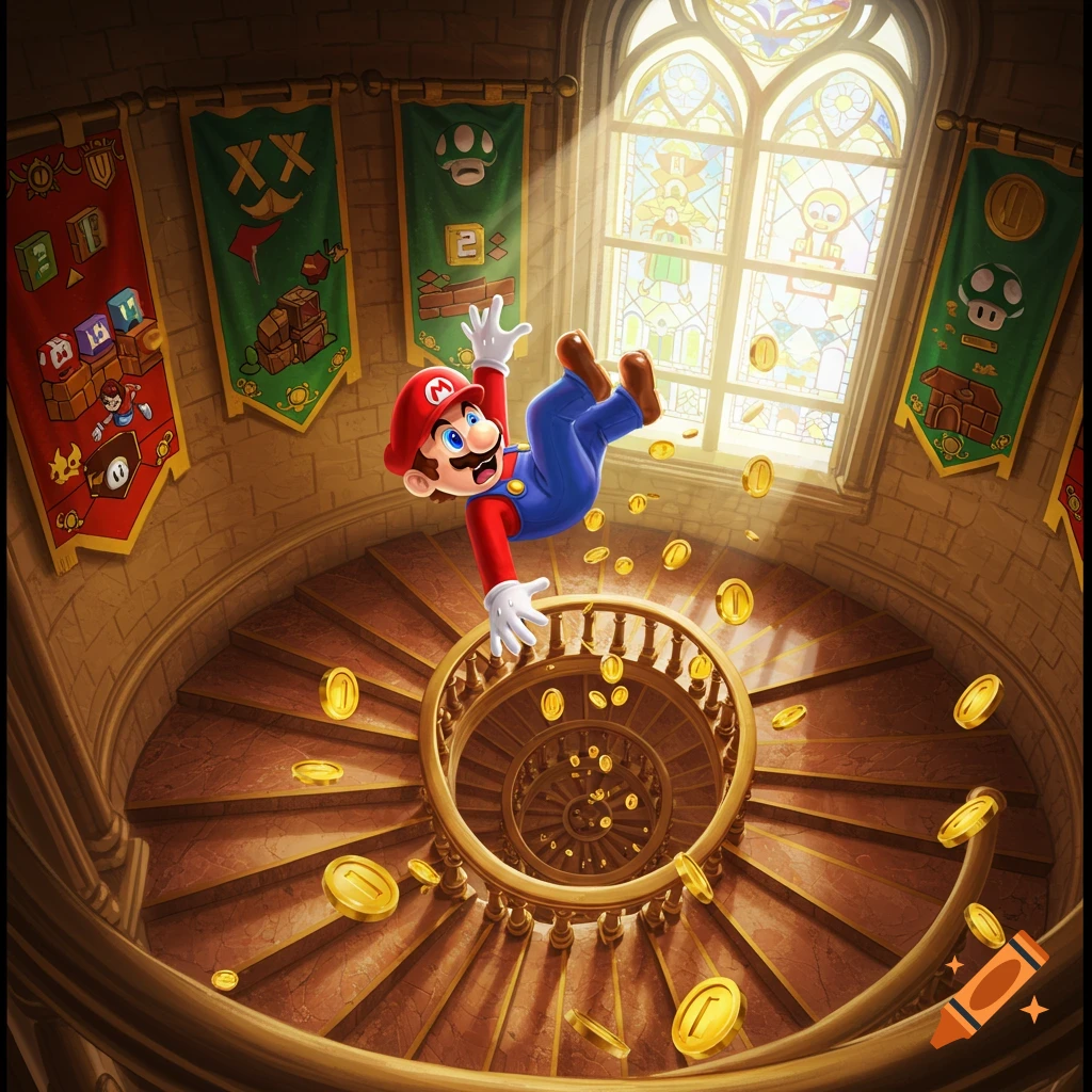 Mario falls down a grand spiral staircase, surrounded by gold coins, beneath a stained-glass window in a castle.