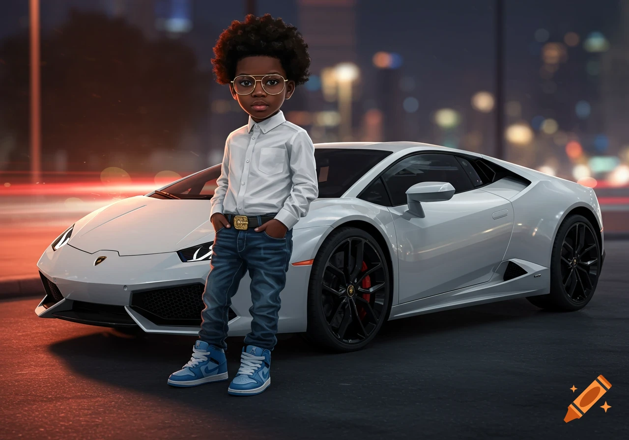 A stylized illustration of a young Black boy with glasses and an afro, leaning against a white Lamborghini on a city street at night.
