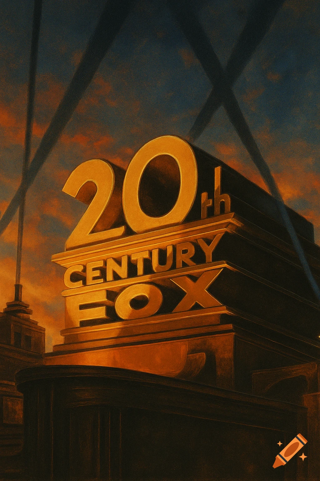 The golden 20th Century Fox logo with searchlights against a dramatic sunset sky.