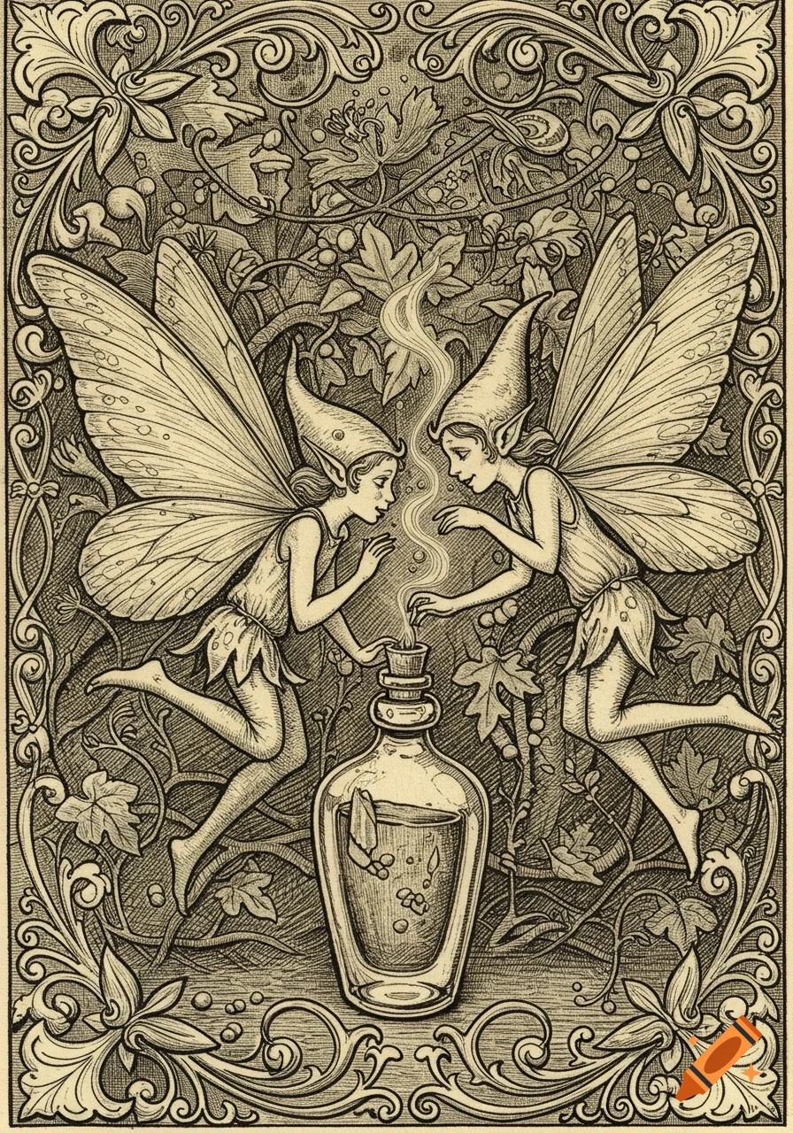 Two pixies/elves with pointed hats and wings lean over an uncorked bottle emitting smoke, surrounded by an ornate vine border in an old drawing style.