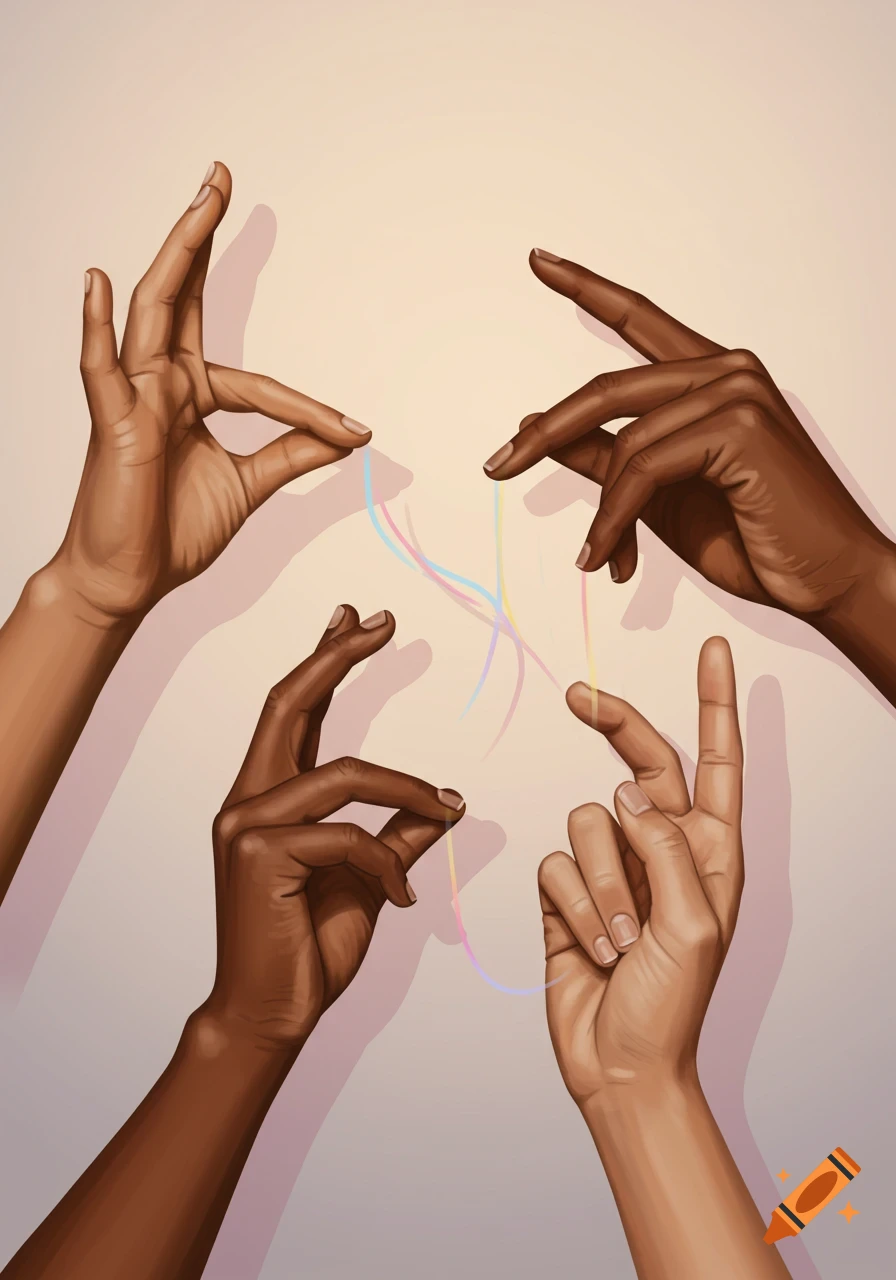 Digital illustration of four diverse hands with different skin tones gently interacting with colorful, wavy threads against a light background.