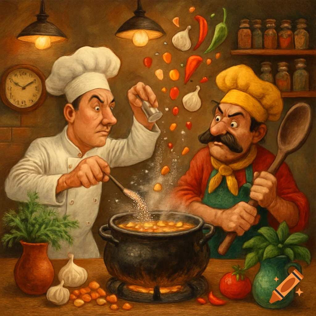 Two stylized chefs in a kitchen, one salting a pot while the other watches angrily, holding a wooden spoon.