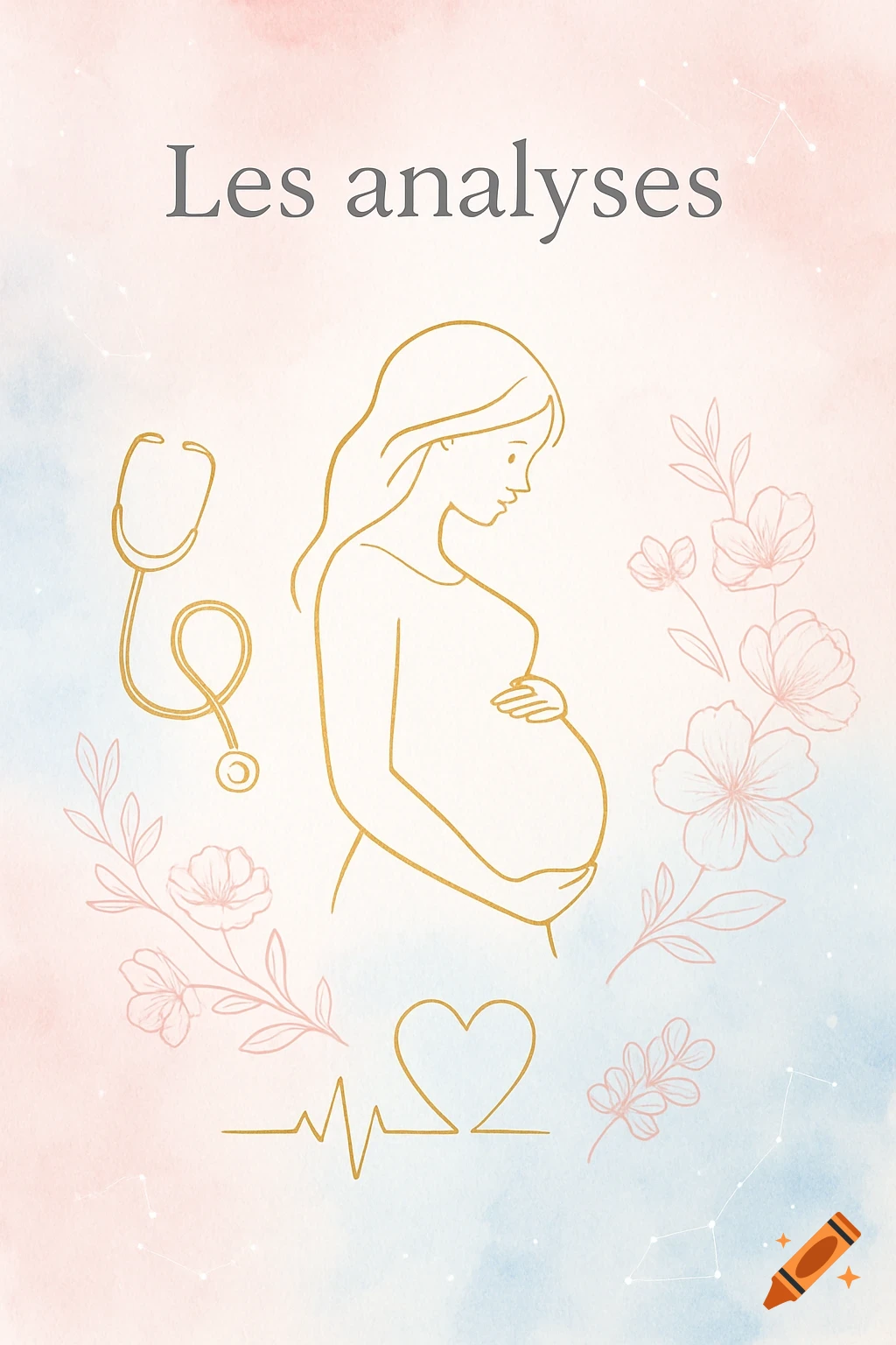 Line art illustration of a pregnant woman, stethoscope, flowers, and ECG on a pastel watercolor background with the title "Les analyses".