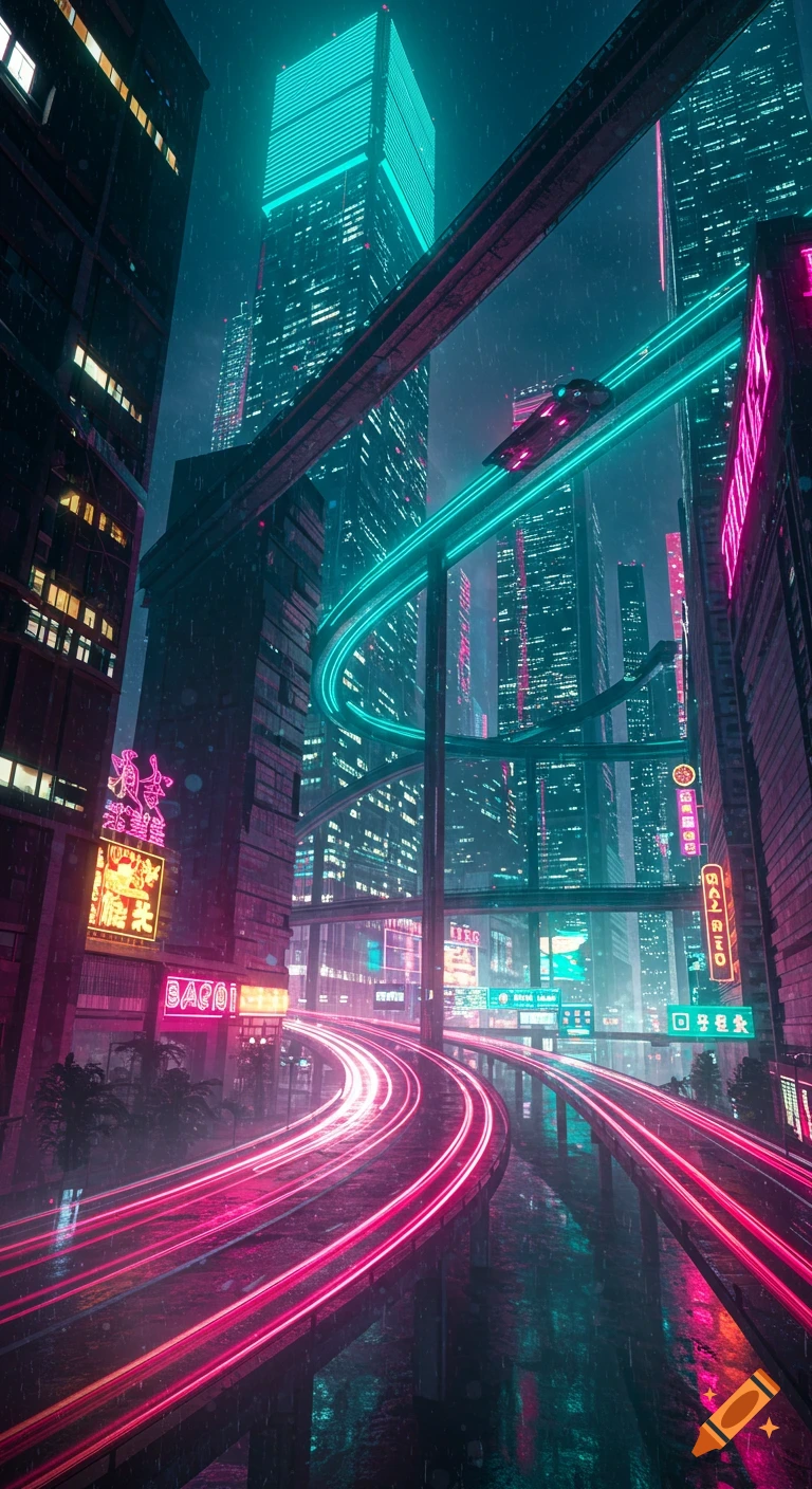 A vibrant cyberpunk city at night in the rain, with glowing neon lights ...