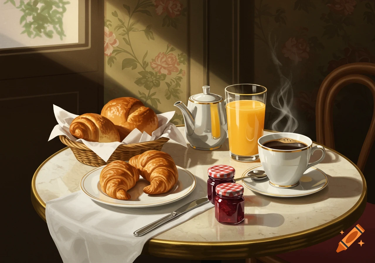 An illustration of a French breakfast table with croissants, coffee, orange juice, and jam jars.