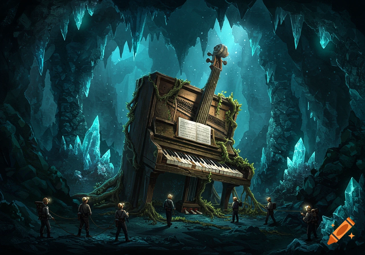 An old, overgrown piano with a cello neck stands in a glowing crystal cave, explored by small miners.