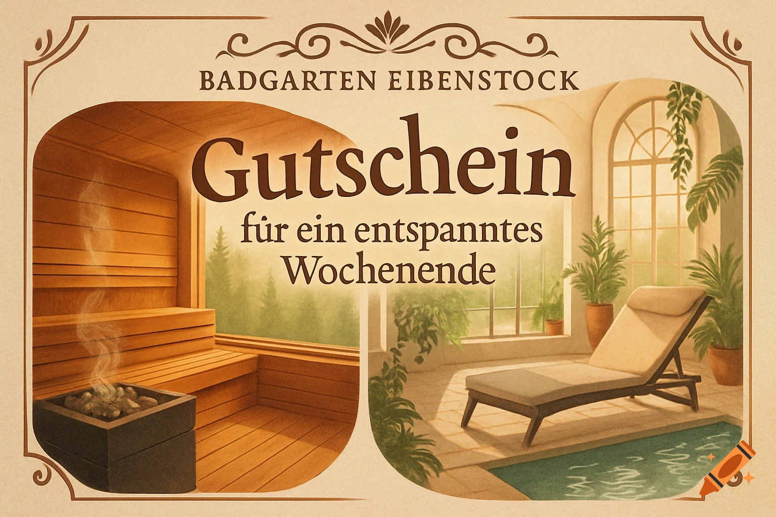 Stylized voucher for Badgarten Eibenstock, featuring a sauna interior and a poolside relaxation area with a lounge chair and plants.