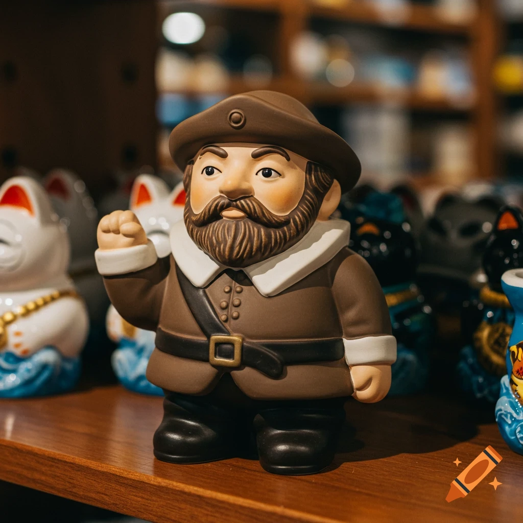 A ceramic figurine of a bearded man in a brown hat and coat, resembling a historical explorer, on a wooden shelf next to other trinkets.