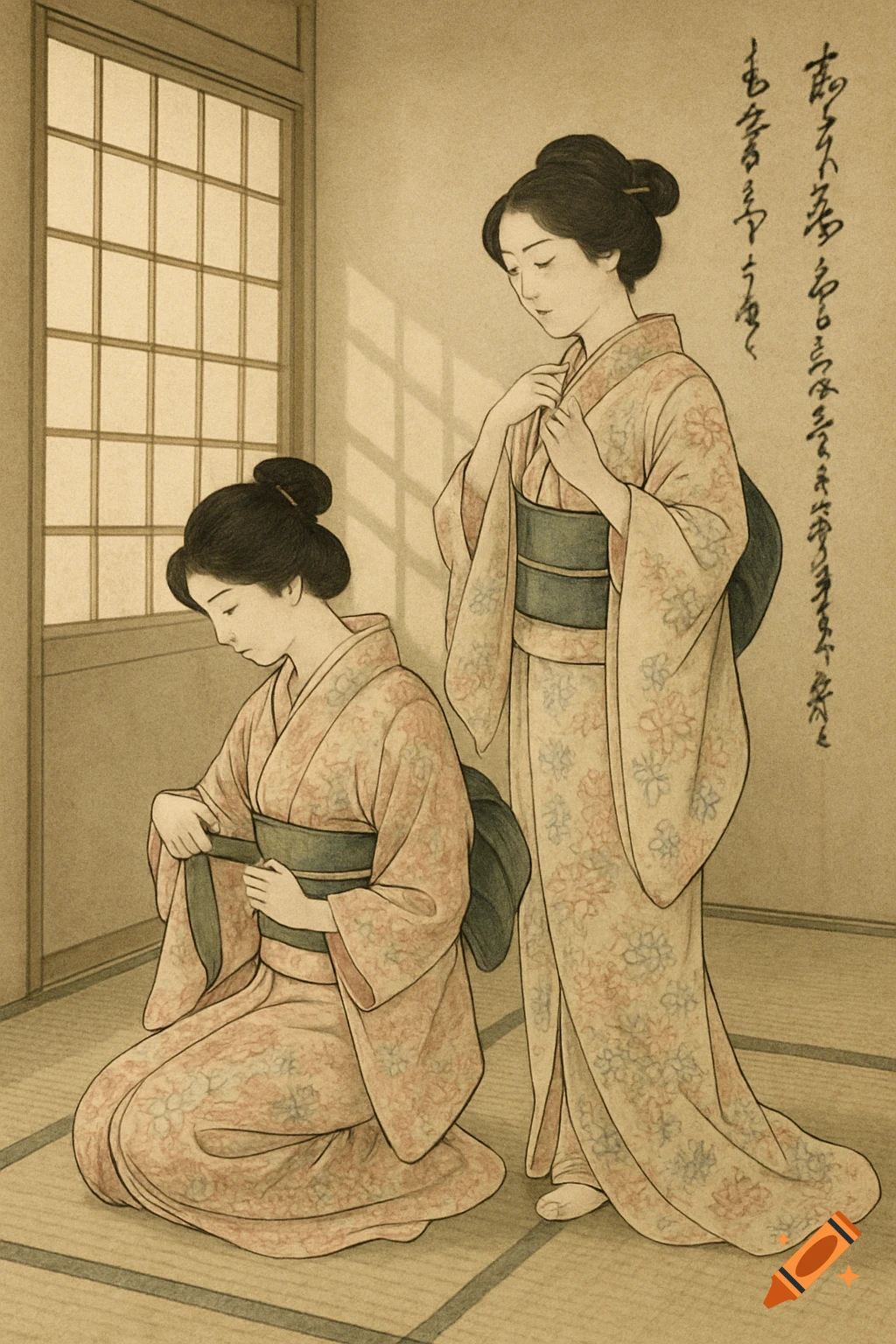 Two women in traditional Japanese kimonos, one kneeling while dressing, in a vintage drawing style with calligraphy.